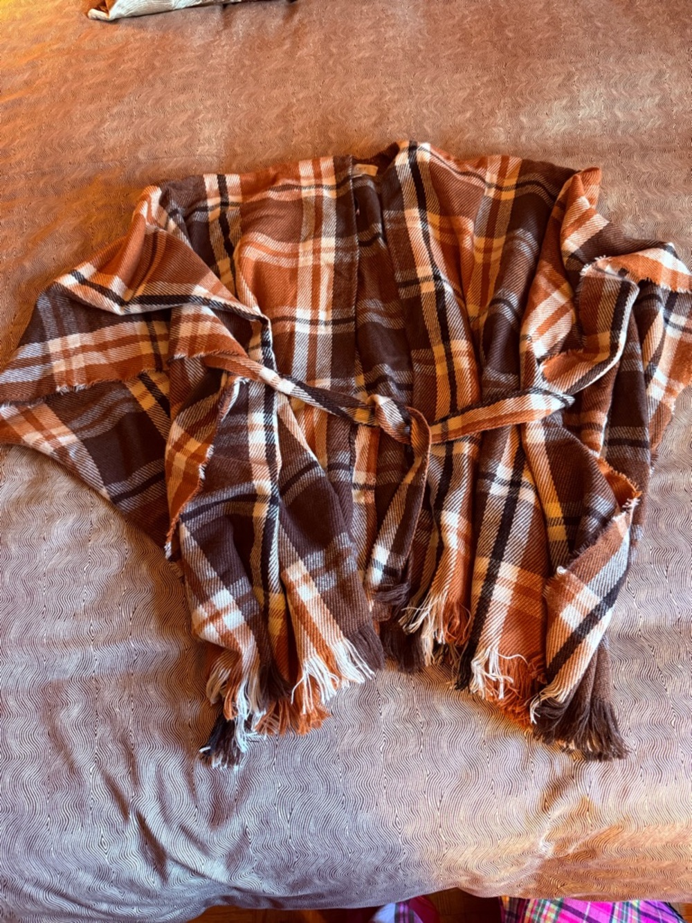 LOFT Outlet Brown and Cream Plaid Fringe Wrap